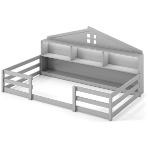 Twin Size Montessori Floor Bed with Storage Compartments and Shelf-Gray