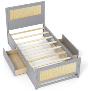 Twin Size Rattan Bed Frame with Storage Drawers-Gray