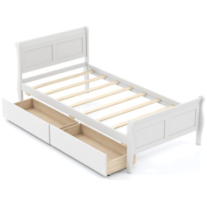 Twin Size Sleigh Bed with 2 Storage Drawers Wood Platform Bed Frame-White