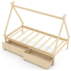 Twin Size Wooden Tent Platform House Bed with 2 Drawers-Natural