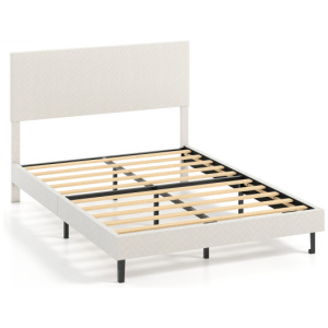 Twin/Full/Queen Size Velvet Bed Frame Upholstered Platform Bed with Chevron Headboard Beige-Full