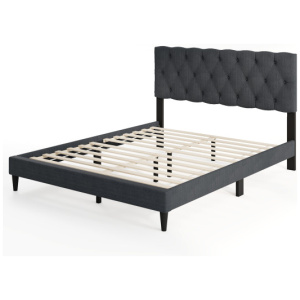 Upholstered Platform Bed with Tufted Headboard and Wooden Slats Gray-Queen Size