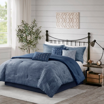 Walter California King 7 Piece Printed Seersucker Comforter Set, Navy