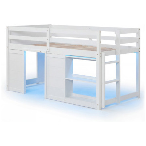 Wooden Low Kids Loft Bed with LED Lights and 2 Doors-White