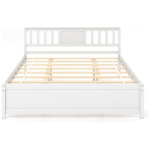 Wooden Platform Bed with Headboard and Wood Slat Support White-Queen Size
