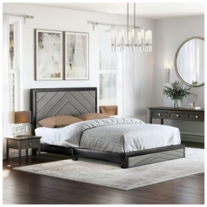 Ziggy Queen Upholstered Faux Leather Platform Bed, Gray/Black