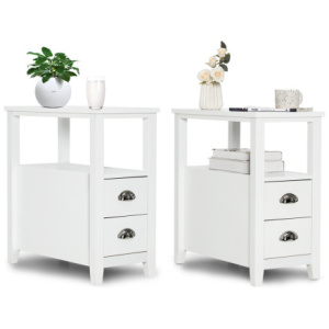 2 Pieces Wooden Bed-side Nightstand Set with 2 Drawers-White