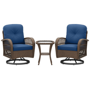 3 Piece Patio Swivel Rocker Set with Tempered Glass Side Table and Thick Cushions-Navy