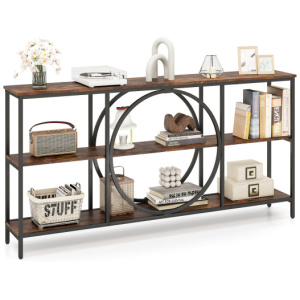 3-Tier Console Table with Faux Marble Top and Storage Shelves for Hallway Living Room-Rustic Brown