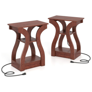 3-Tier End Tables with Charging Station Set of 2 with Open Storage Shelves-Cherry