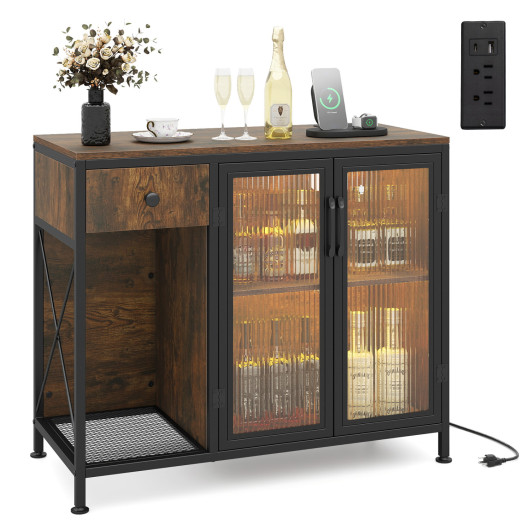 Buffet Sideboard with Doors Power Outlets and LED Light-Black