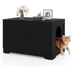 Cat Litter Box Enclosure Furniture Indoor Wooden Cat House End Side Table Nightstand-Black