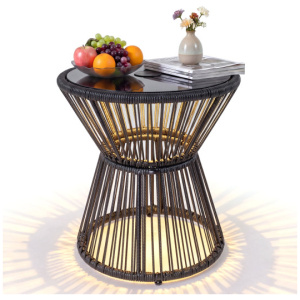 Outdoor Side Table with LED Warm Light and Tempered Glass Top-Black