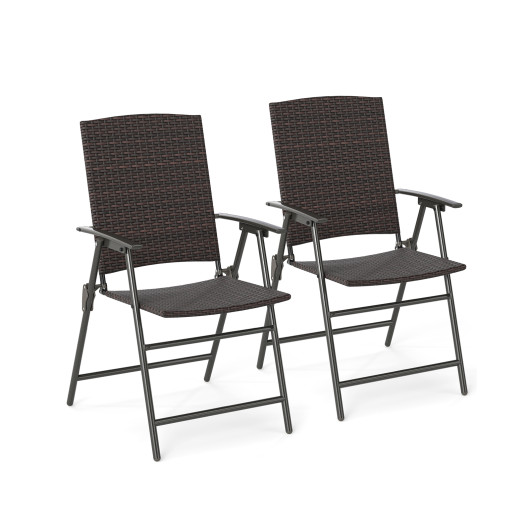 Patio PE Wicker Dining Chairs with Armrests and Metal Frame-Set of 2