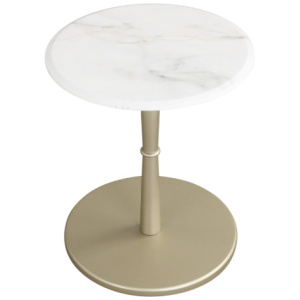 Round Marble Side Table with Stone Finish and Wooden Base for Small Spaces-White and Gold
