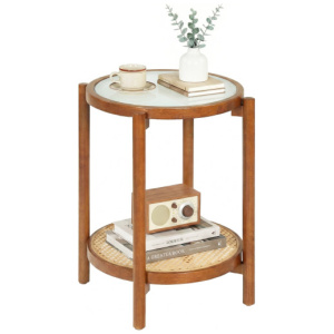 Round Side Table 2-Tier Boho End Table with Tempered Glass Top-Walnut