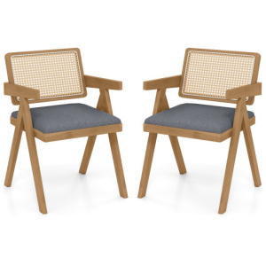 Set of 2 Rattan Accent Chairs with Padded Cushion and Rubber Wood Frame-Gray