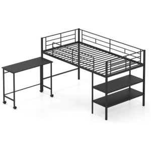 Twin Size Loft Bed with Rolling Desk and Bookshelf Platform Bed Frame-Black