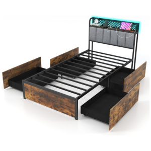 Twin/Full/Queen Bed Frame with LED Lights, Upholstered Headboard and 4 Storage Drawers-Twin size