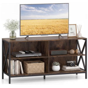 Wooden TV Stand Entertainment for TVs up to 55 Inch with X-Shaped Frame-Rustic Brown